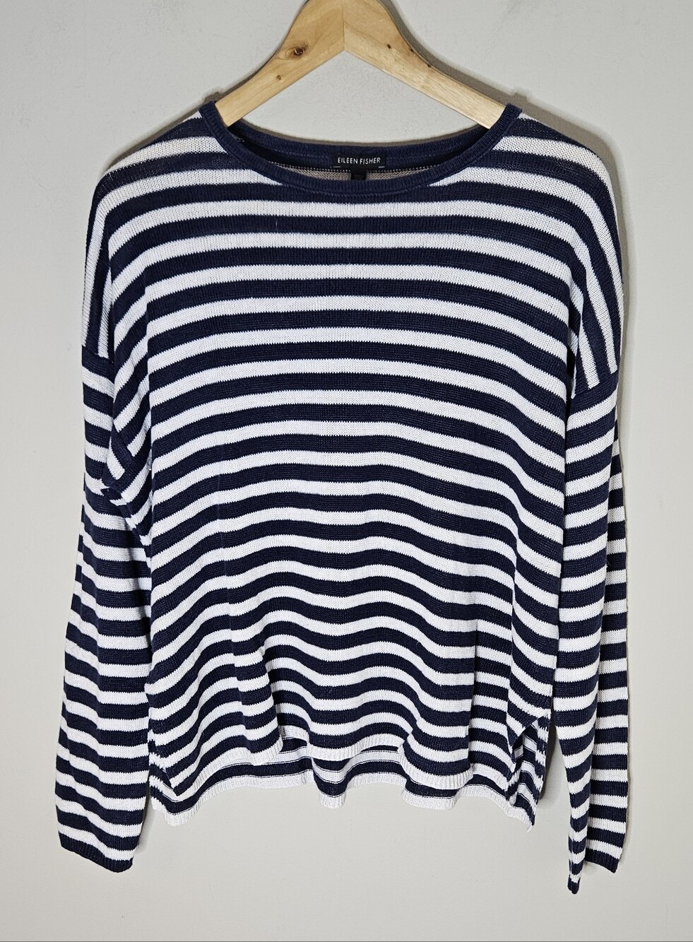 Eileen Fisher Linen Striped Top Sweater Scoop Neck Long Sleeve Navy White M - Picture 3 of 6